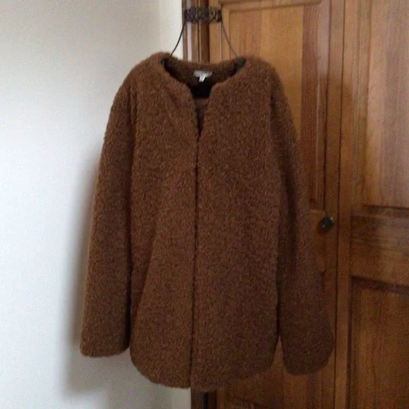 Max Studio Teddy Coat Collarless, Rich Caramel, XL - Picture 2 of 7